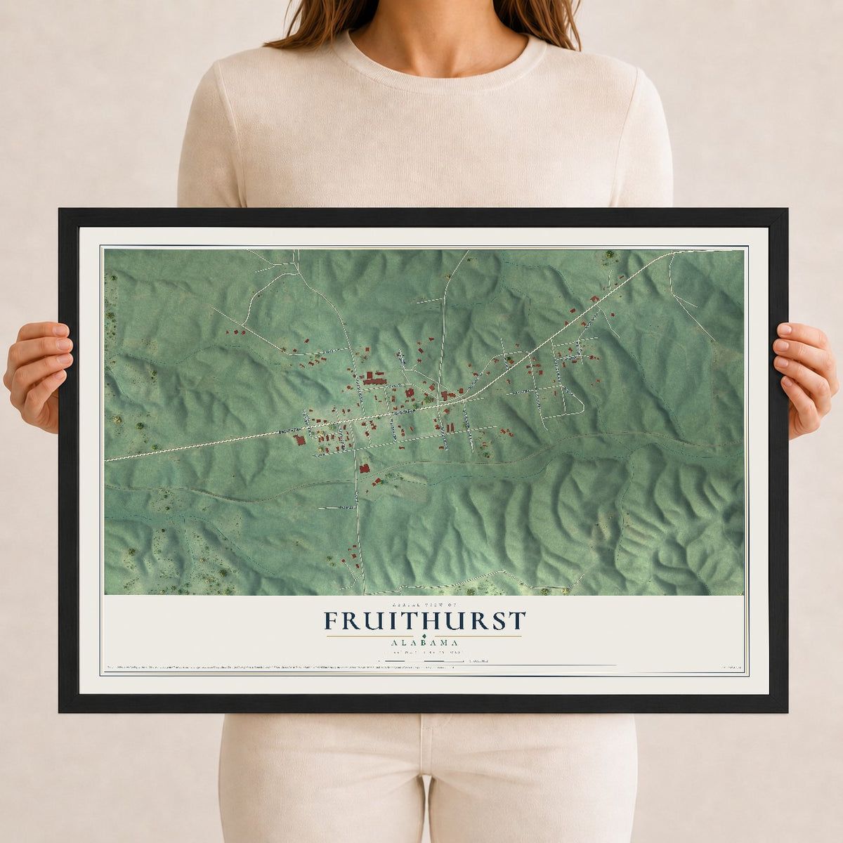 Map of Fruithurst, Alabama, 12 x 18 inch print in a black wood frame
