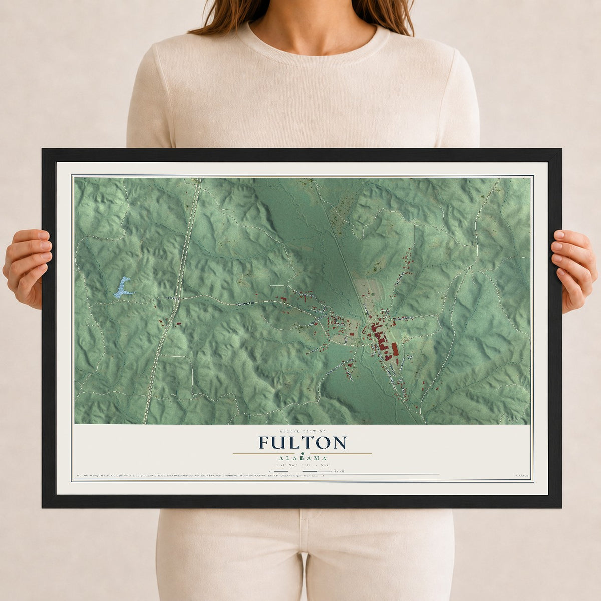 Map of Fulton, Alabama, 12 x 18 inch print in a black wood frame