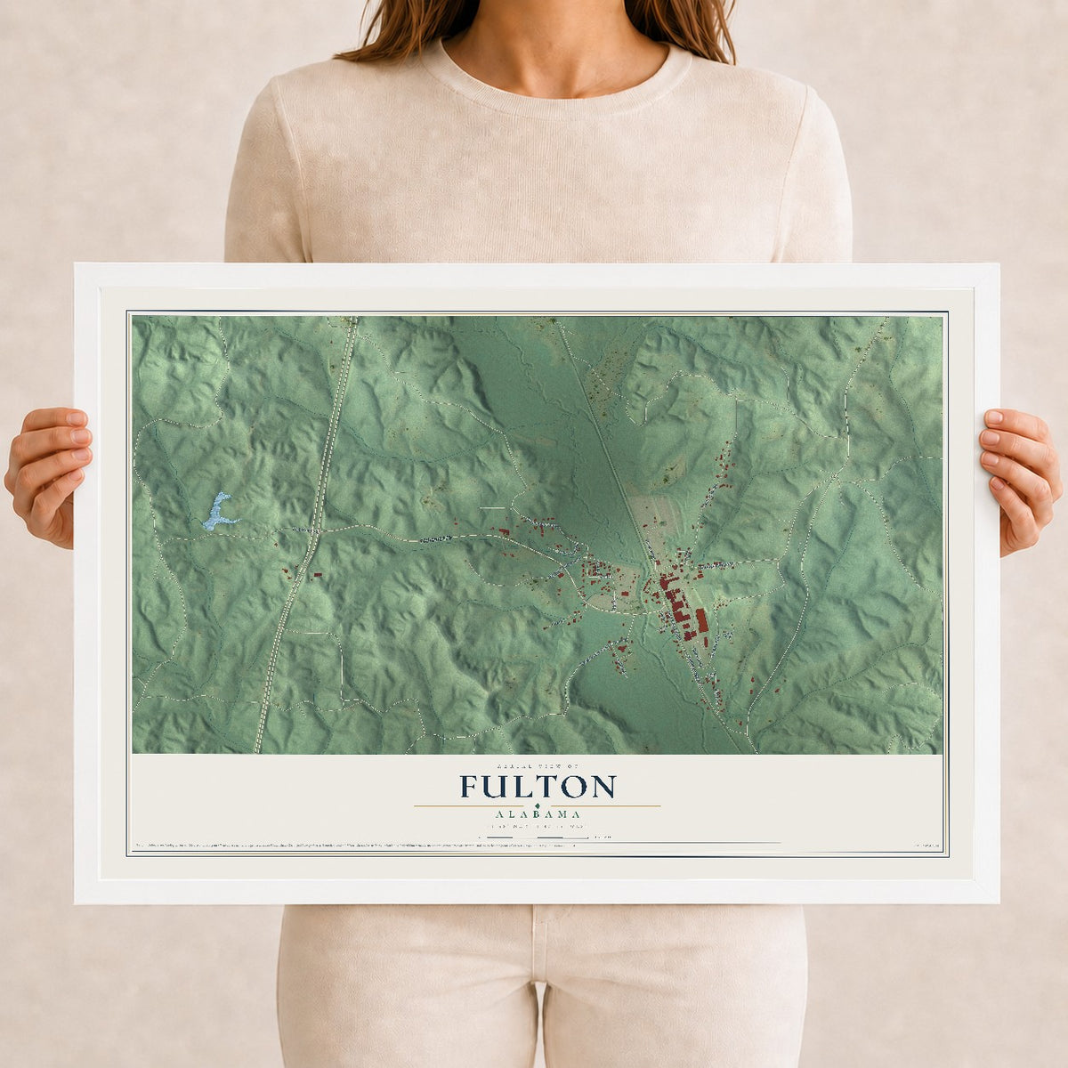 Map of Fulton, Alabama, 12 x 18 inch print in a white wood frame