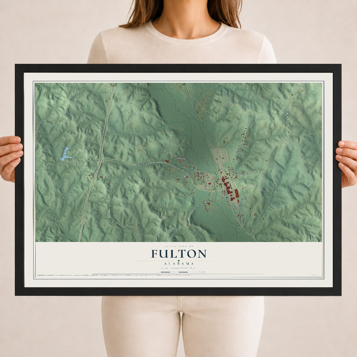 Map of Fulton, Alabama, 18 x 24 inch print in a black wood frame