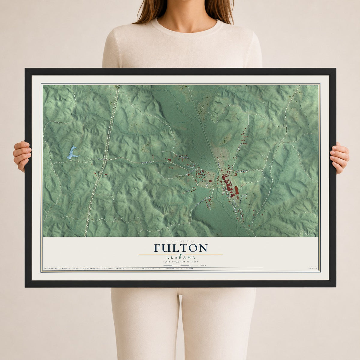 Map of Fulton, Alabama, 24 x 36 inch print in a black wood frame