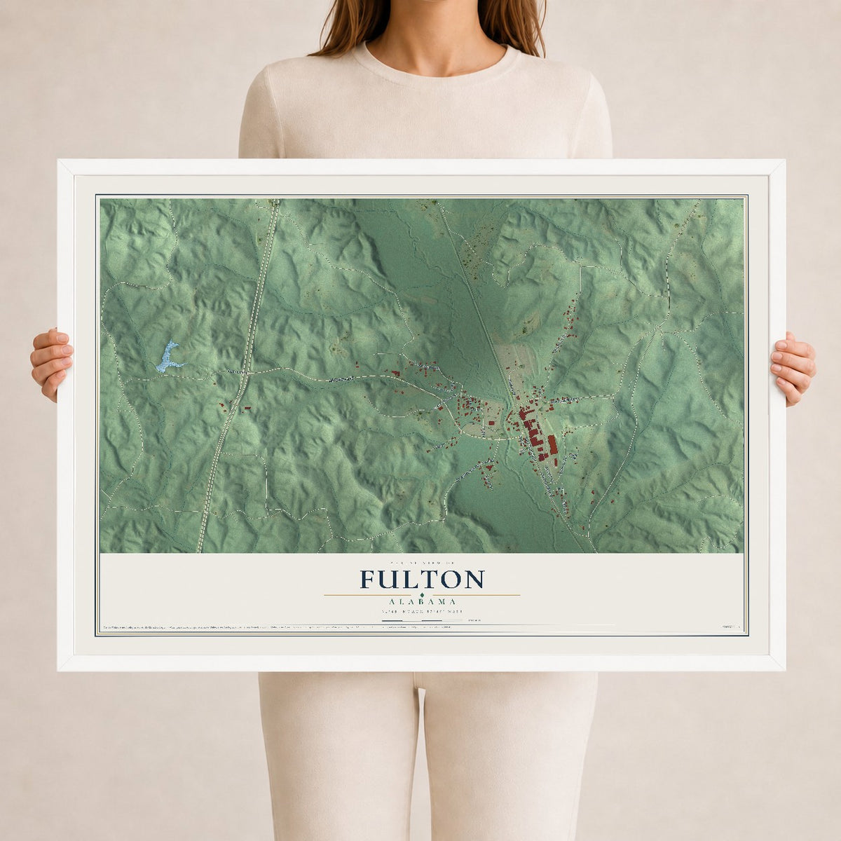 Map of Fulton, Alabama, 24 x 36 inch print in a white wood frame