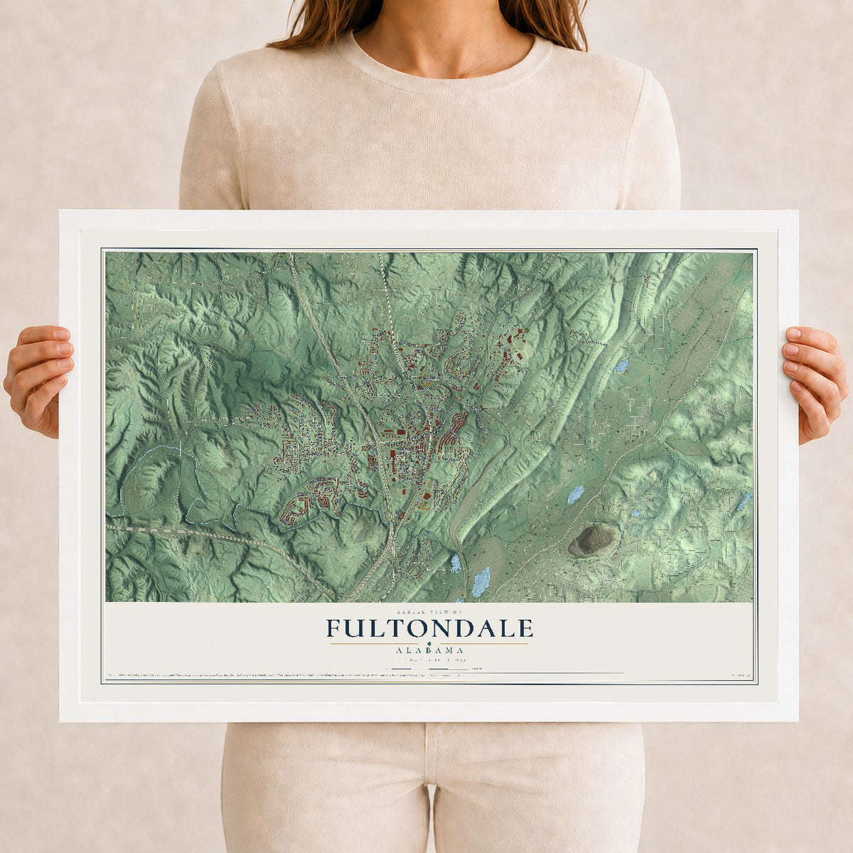 Map of Fultondale, Alabama, 12 x 18 inch print in a white wood frame