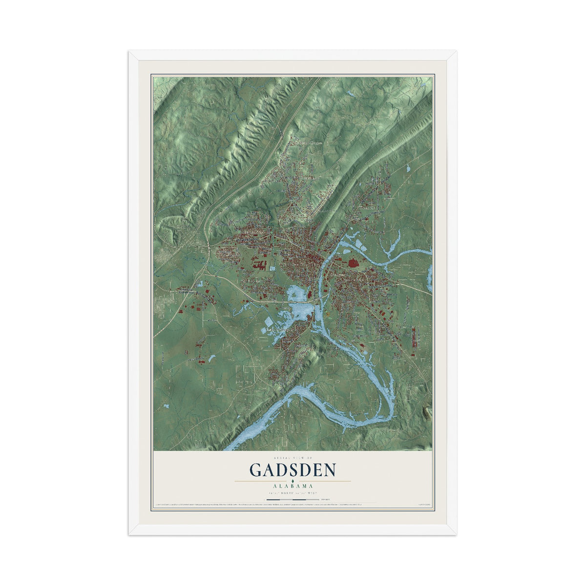 Map of Gadsden, Alabama, 12 x 18 inch print in a white wood frame