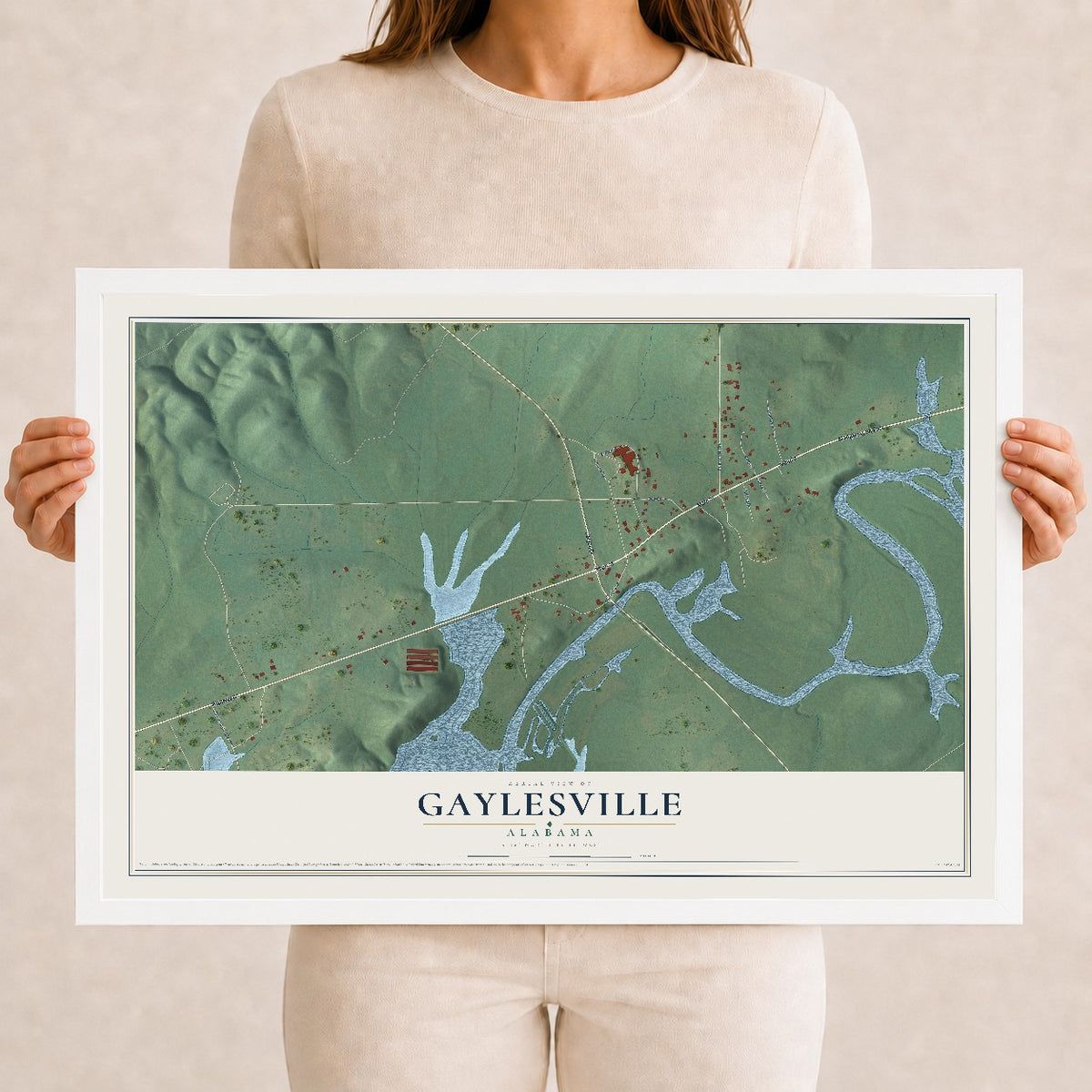 Map of Gaylesville, Alabama, 12 x 18 inch print in a white wood frame