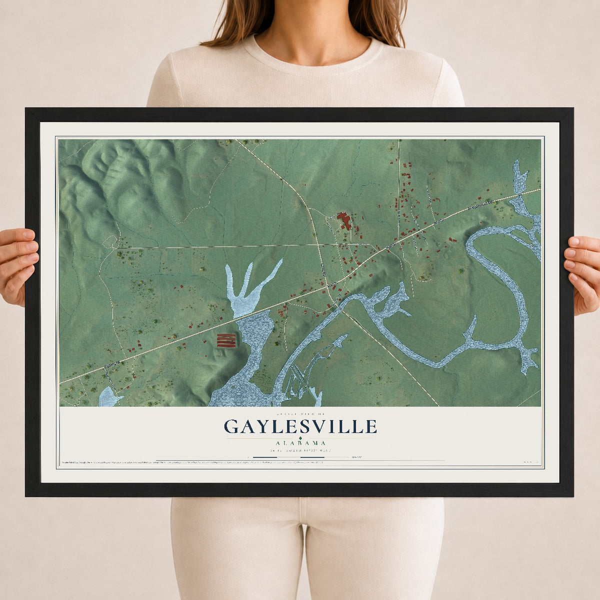 Map of Gaylesville, Alabama, 18 x 24 inch print in a black wood frame