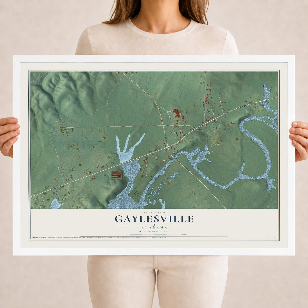 Map of Gaylesville, Alabama, 18 x 24 inch print in a white wood frame