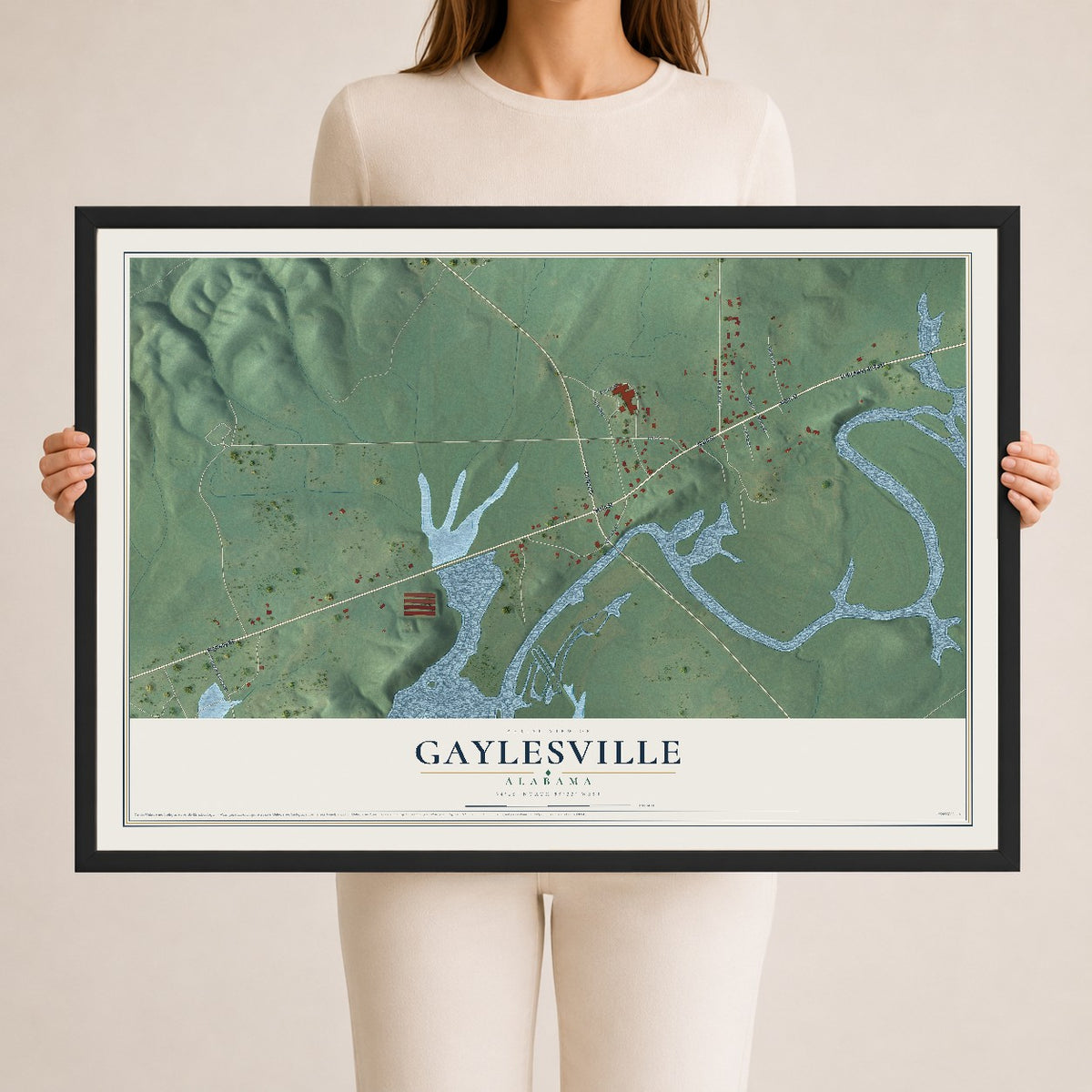 Map of Gaylesville, Alabama, 24 x 36 inch print in a black wood frame