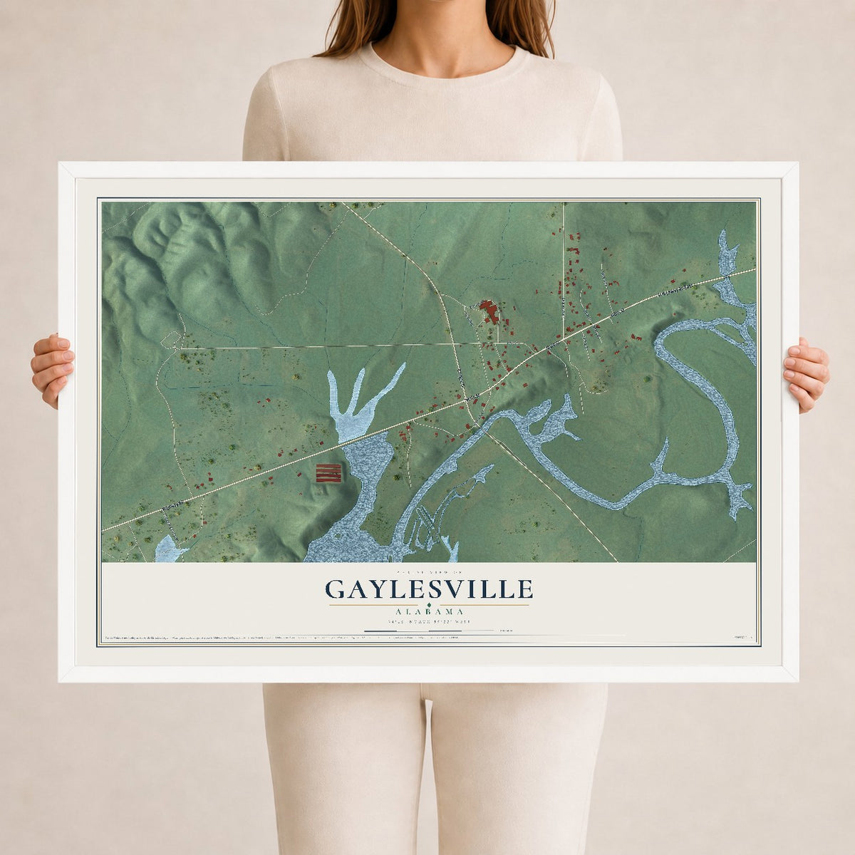 Map of Gaylesville, Alabama, 24 x 36 inch print in a white wood frame