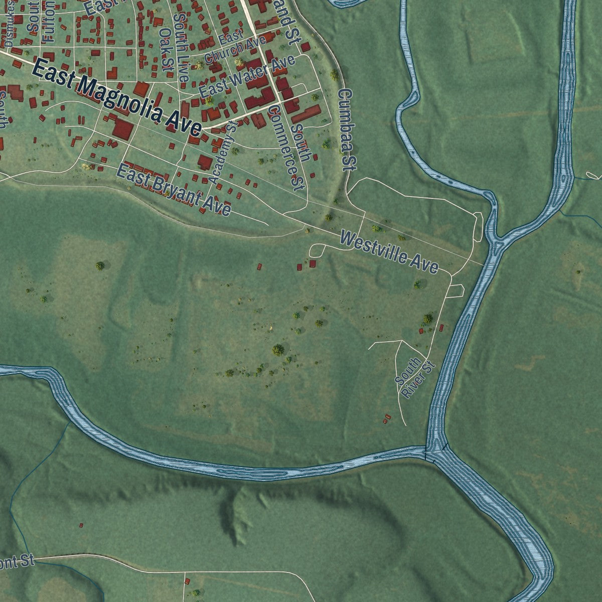 Second close-up of the map of Geneva, Alabama print showing more streets and buildings