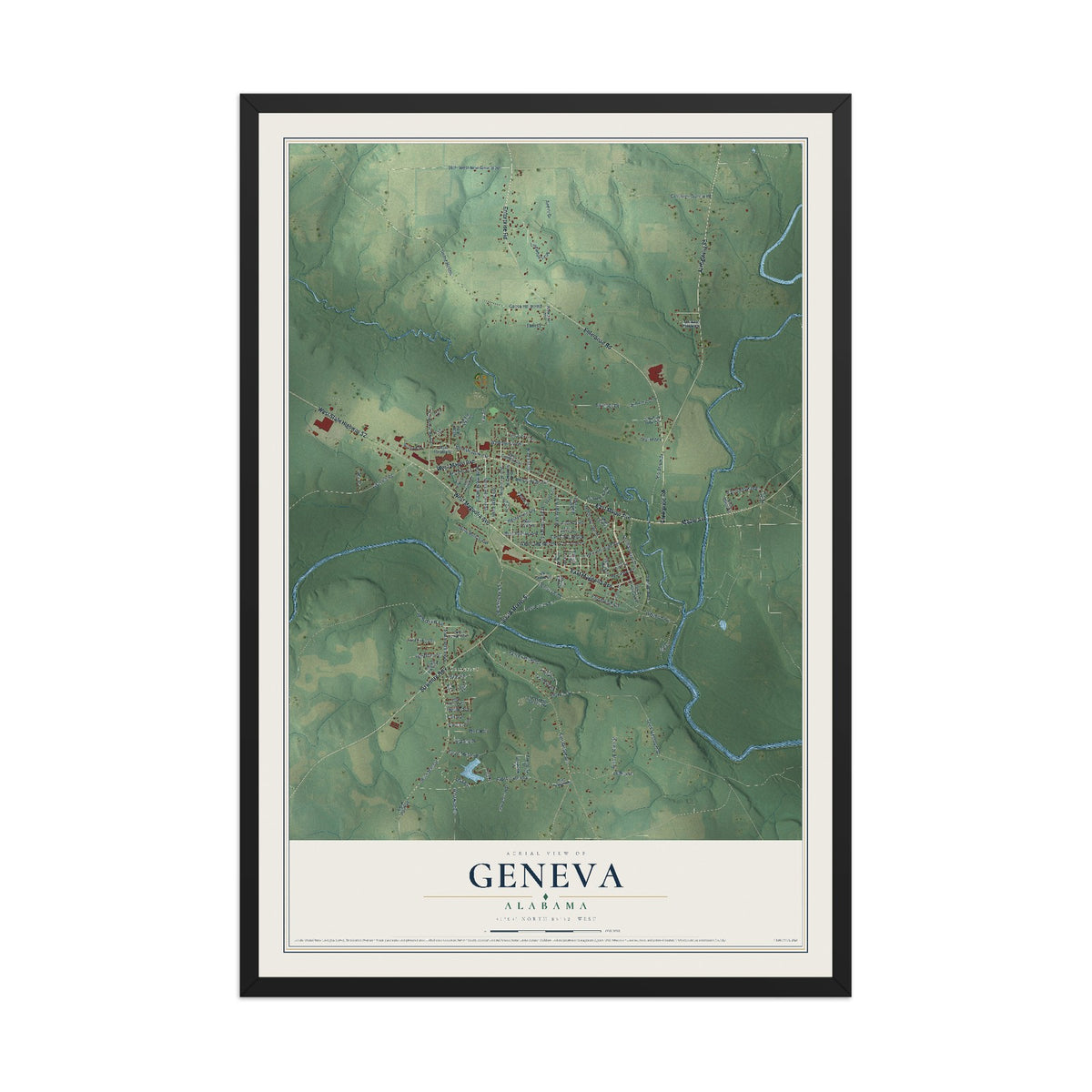 Map of Geneva, Alabama, 12 x 18 inch print in a black wood frame