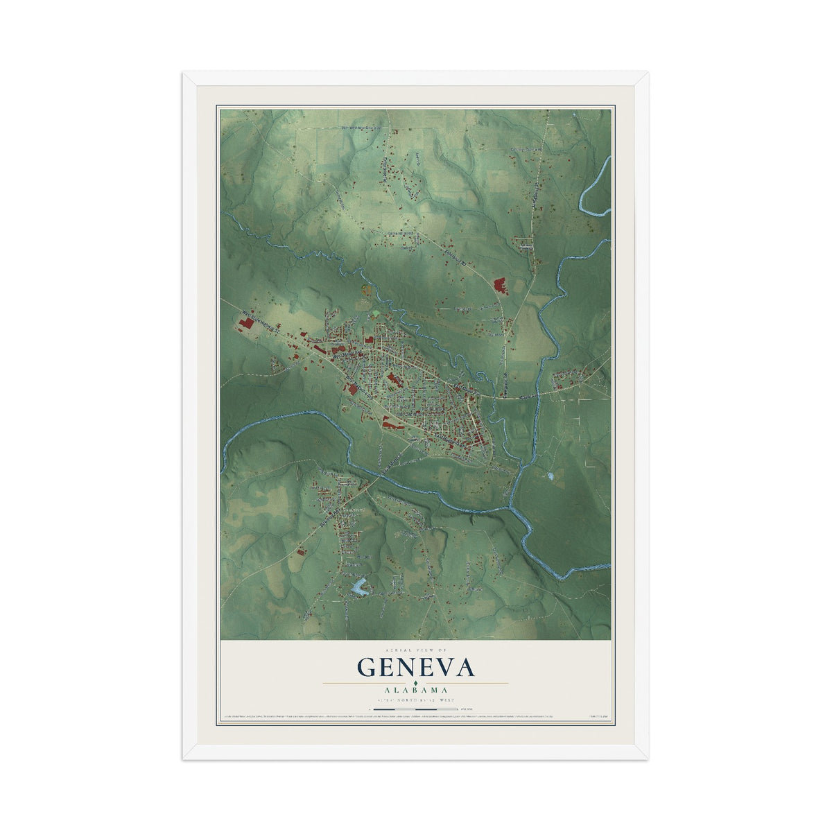 Map of Geneva, Alabama, 12 x 18 inch print in a white wood frame