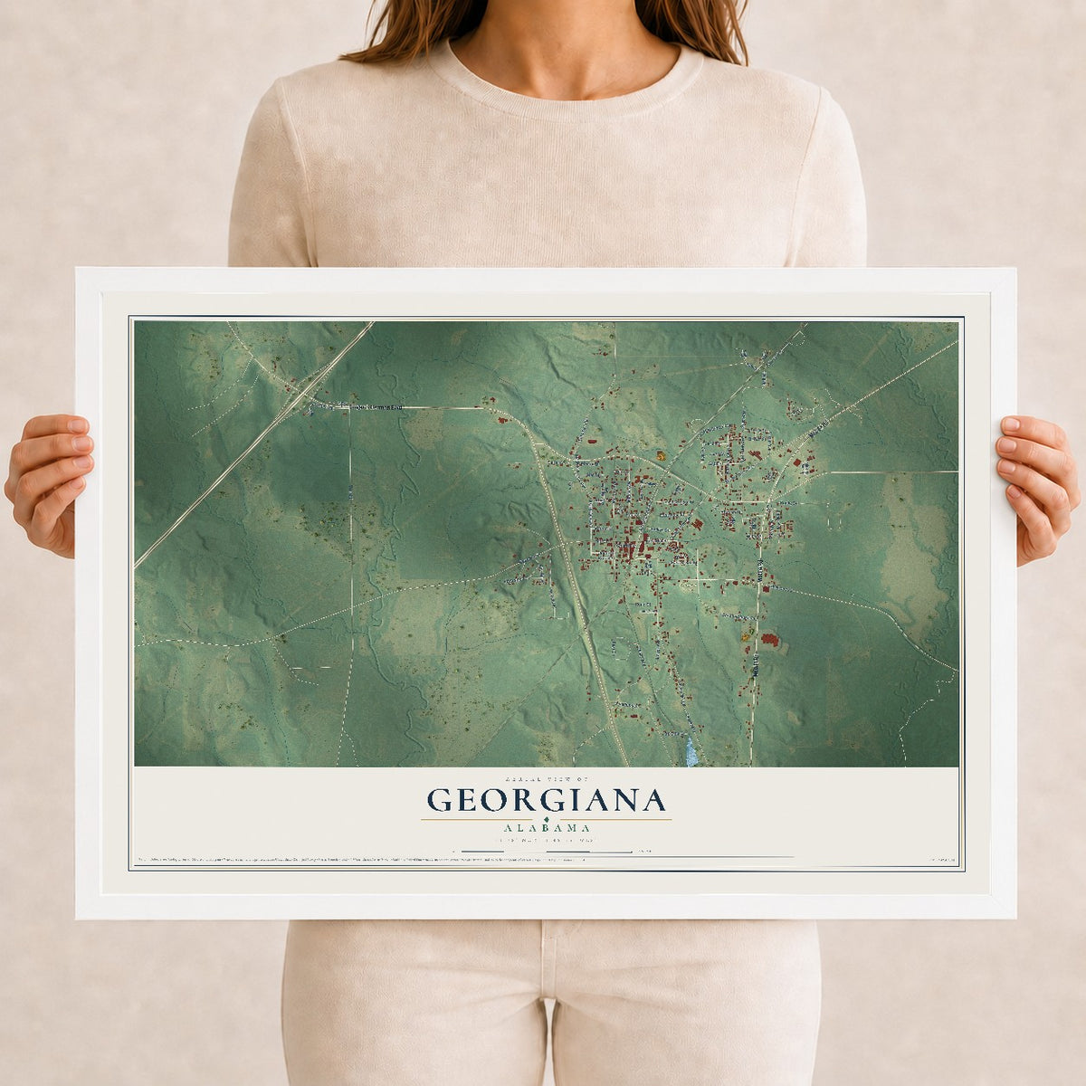 Map of Georgiana, Alabama, 12 x 18 inch print in a white wood frame