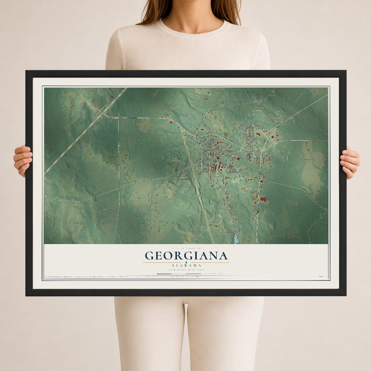Map of Georgiana, Alabama, 24 x 36 inch print in a black wood frame