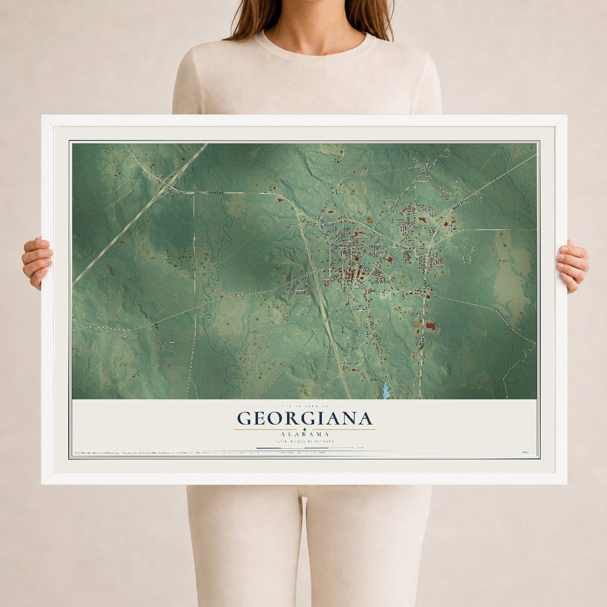 Map of Georgiana, Alabama, 24 x 36 inch print in a white wood frame