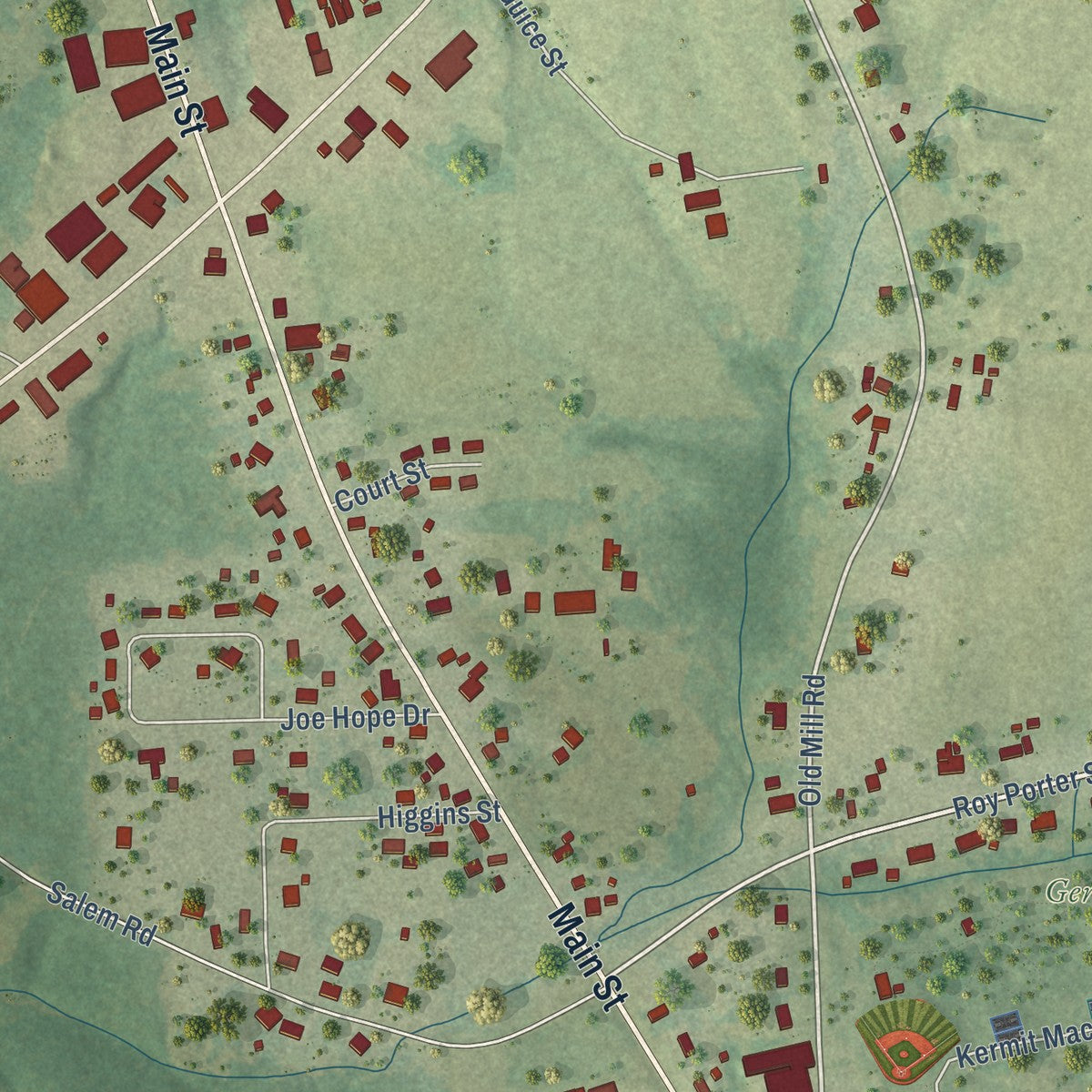 Close-up of the map of Geraldine, Alabama print showing street and building detail
