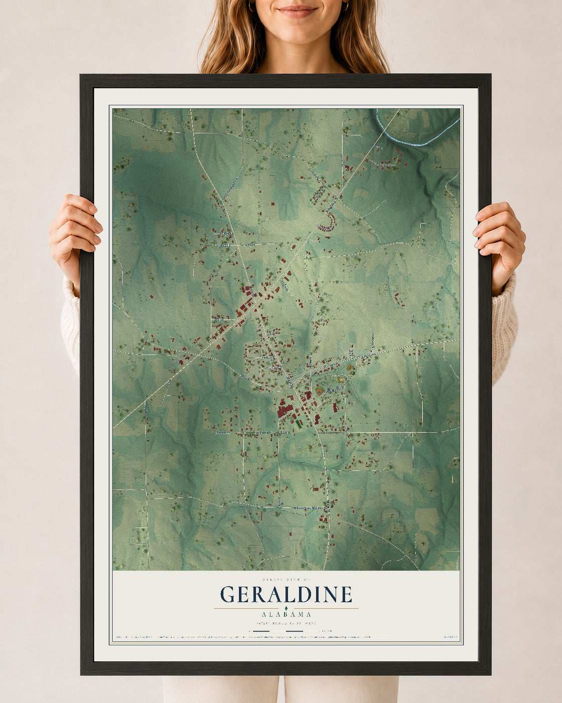 Map of Geraldine, Alabama, 24 x 36 inch print in a black wood frame