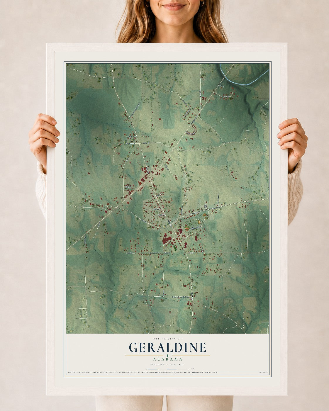 Map of Geraldine, Alabama, 24 x 36 inch print in a white wood frame