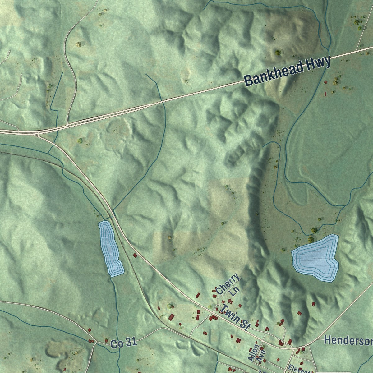 Close-up of the map of Glen Allen, Alabama print showing street and building detail