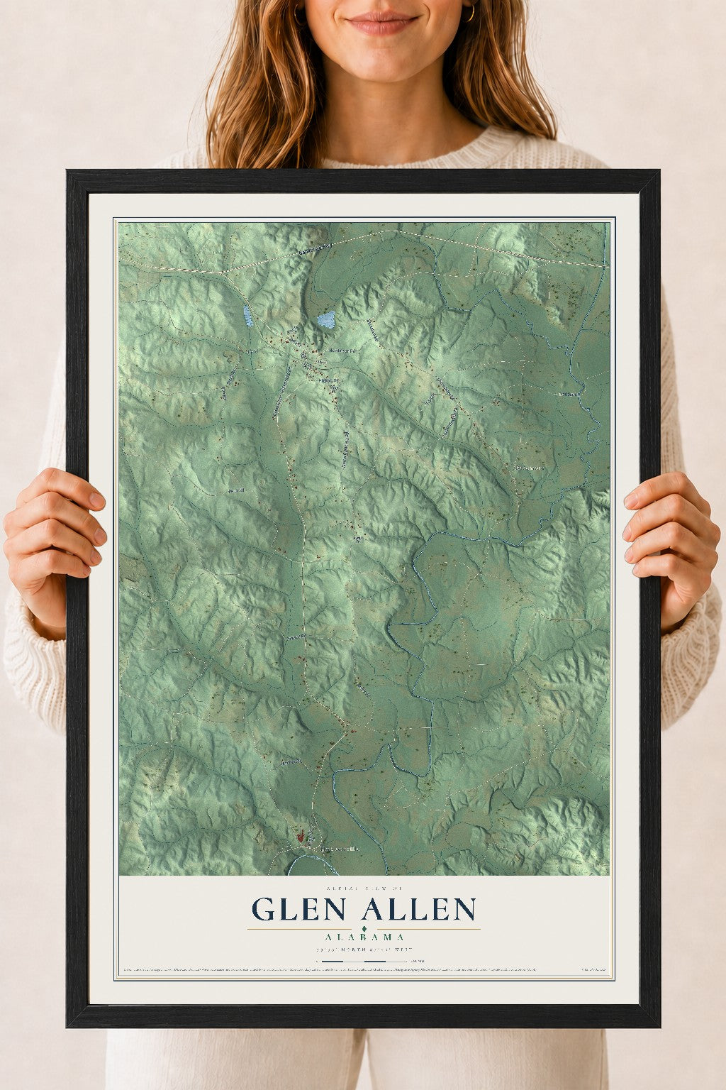 Map of Glen Allen, Alabama, 18 x 24 inch print in a black wood frame