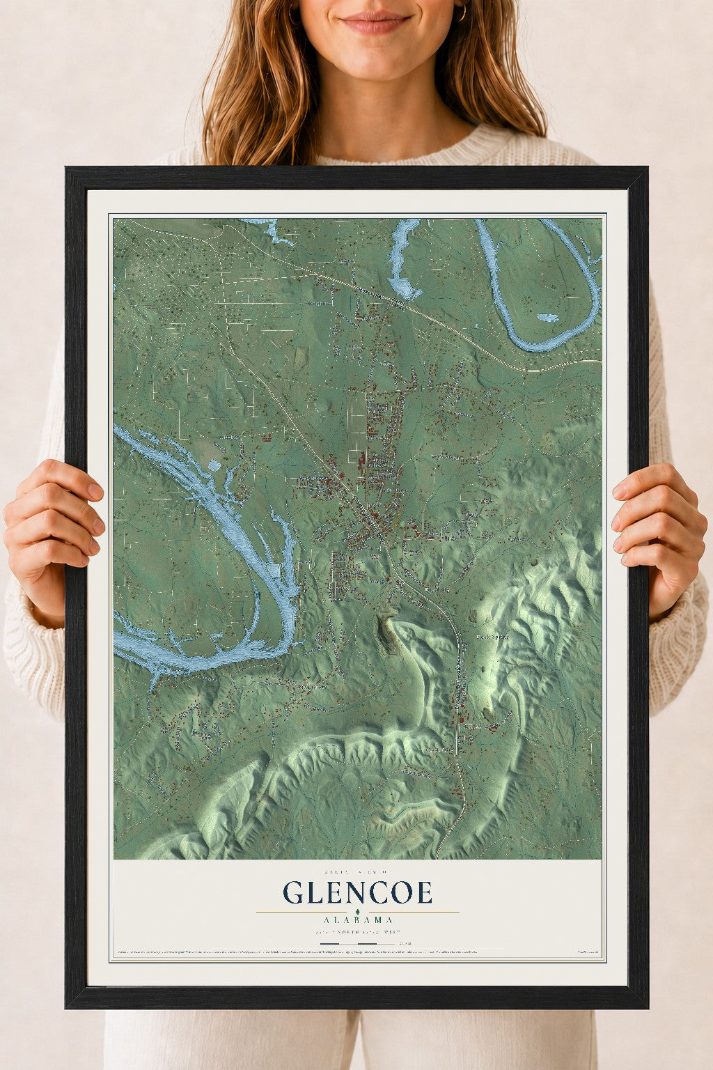 Map of Glencoe, Alabama, 18 x 24 inch print in a black wood frame