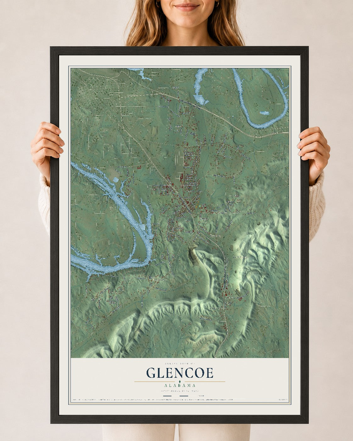 Map of Glencoe, Alabama, 24 x 36 inch print in a black wood frame