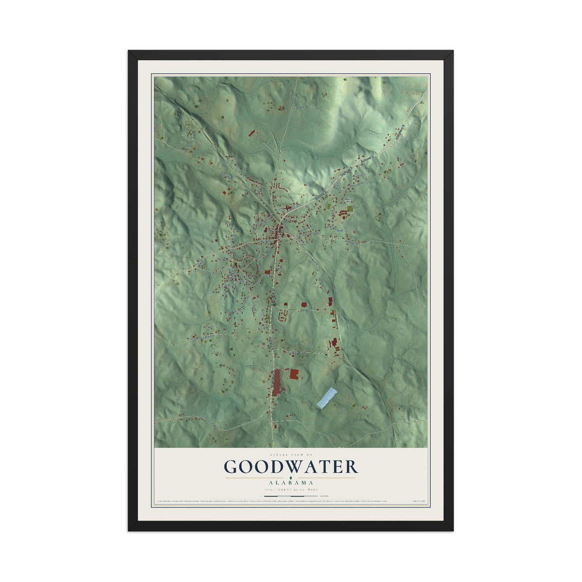 Map of Goodwater, Alabama, 12 x 18 inch print in a black wood frame