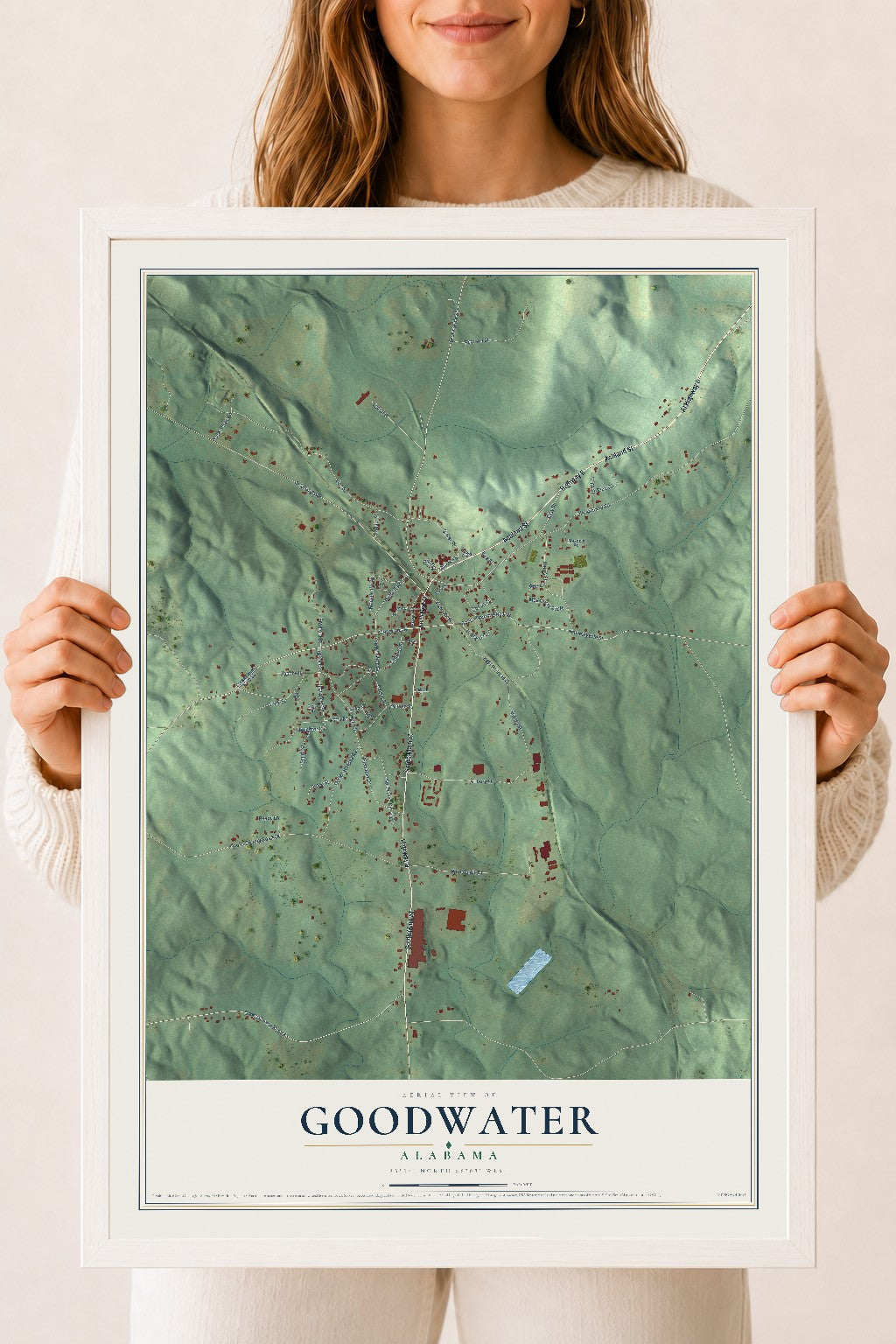 Map of Goodwater, Alabama, 18 x 24 inch print in a white wood frame