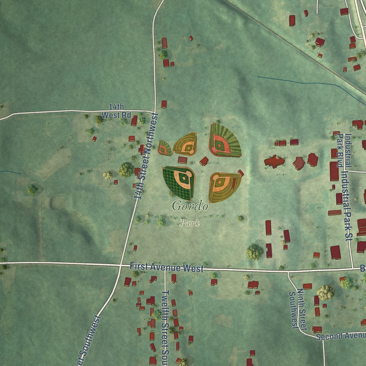 Second close-up of the map of Gordo, Alabama print showing more streets and buildings