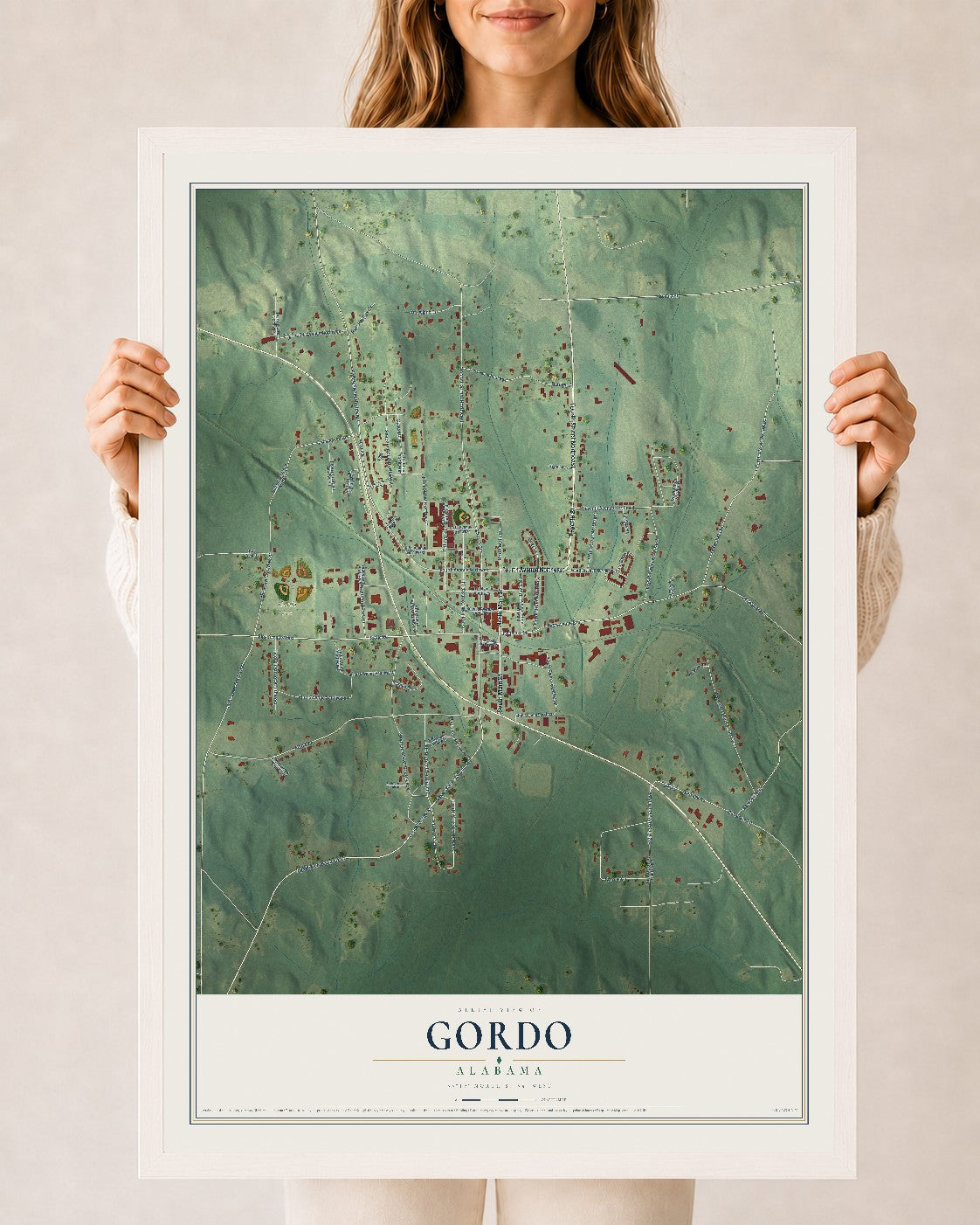 Map of Gordo, Alabama, 24 x 36 inch print in a white wood frame