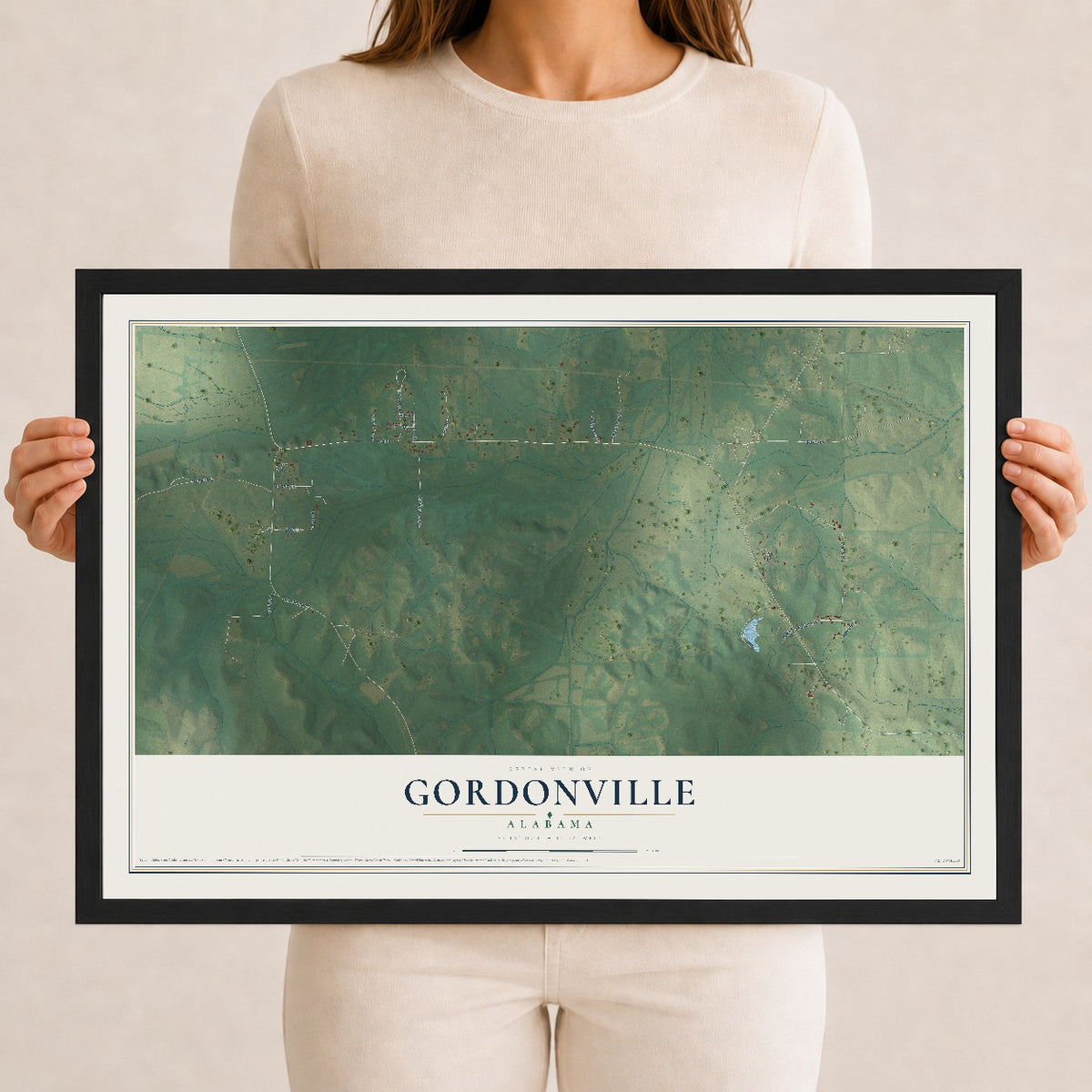 Map of Gordonville, Alabama, 12 x 18 inch print in a black wood frame