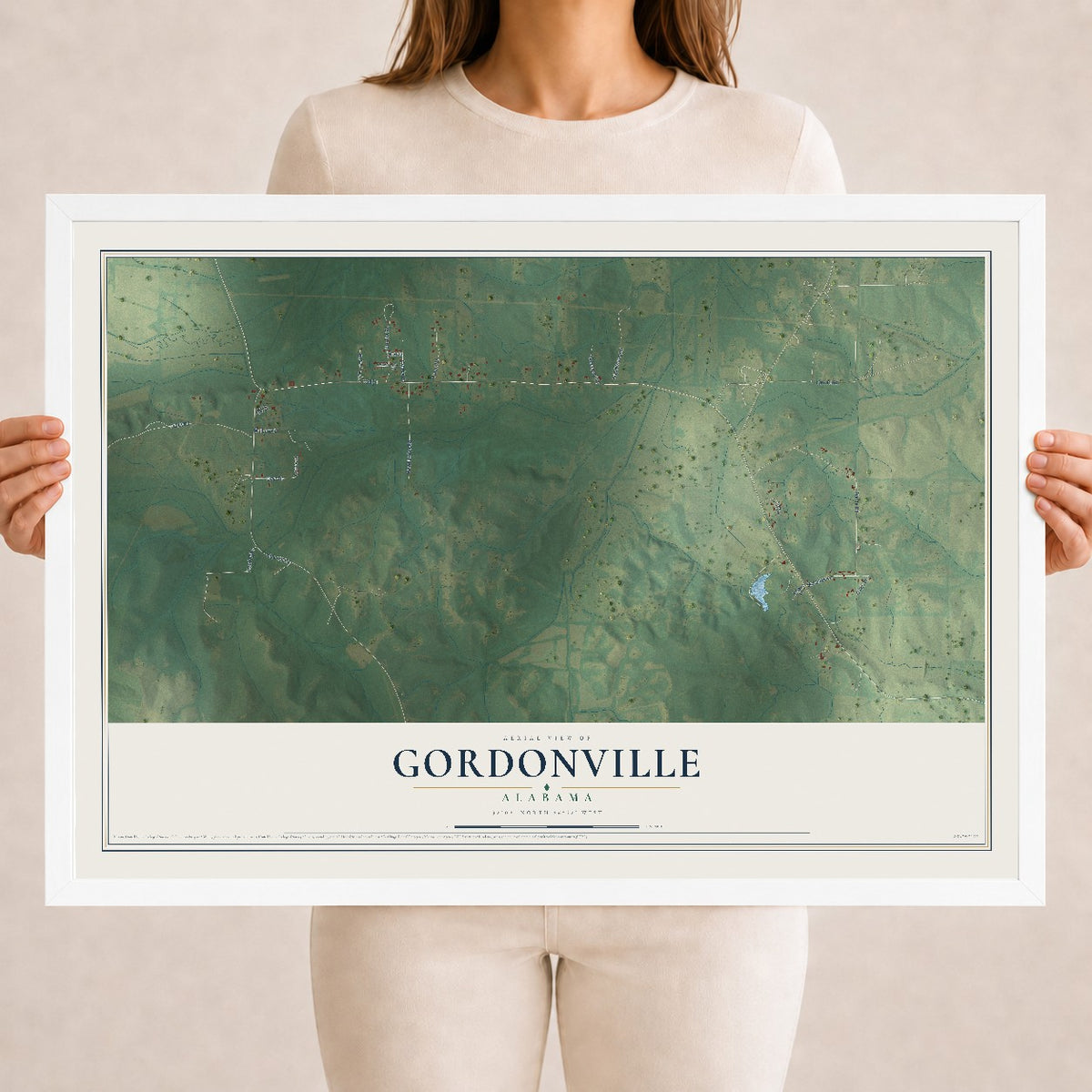 Map of Gordonville, Alabama, 18 x 24 inch print in a white wood frame