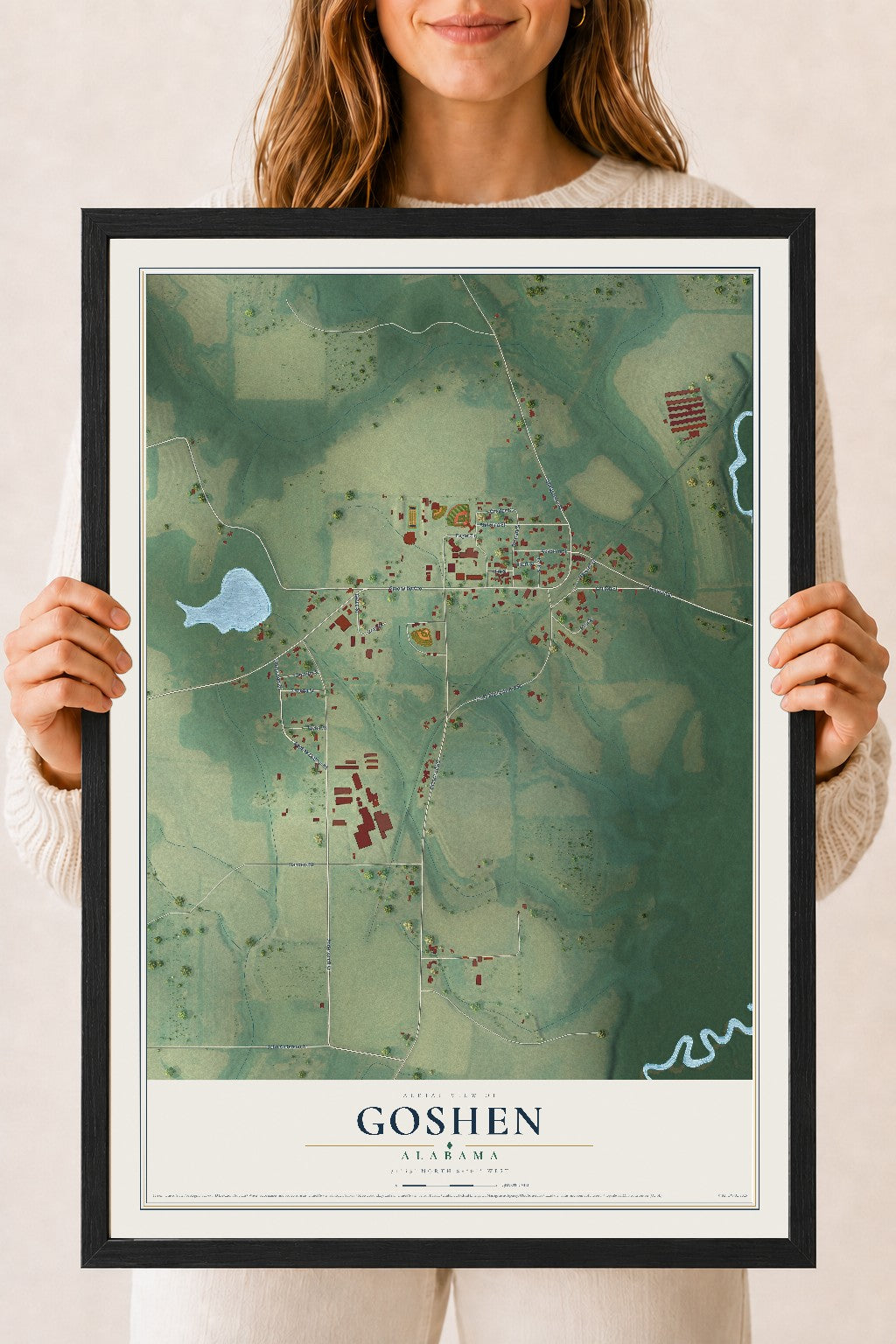 Map of Goshen, Alabama, 18 x 24 inch print in a black wood frame
