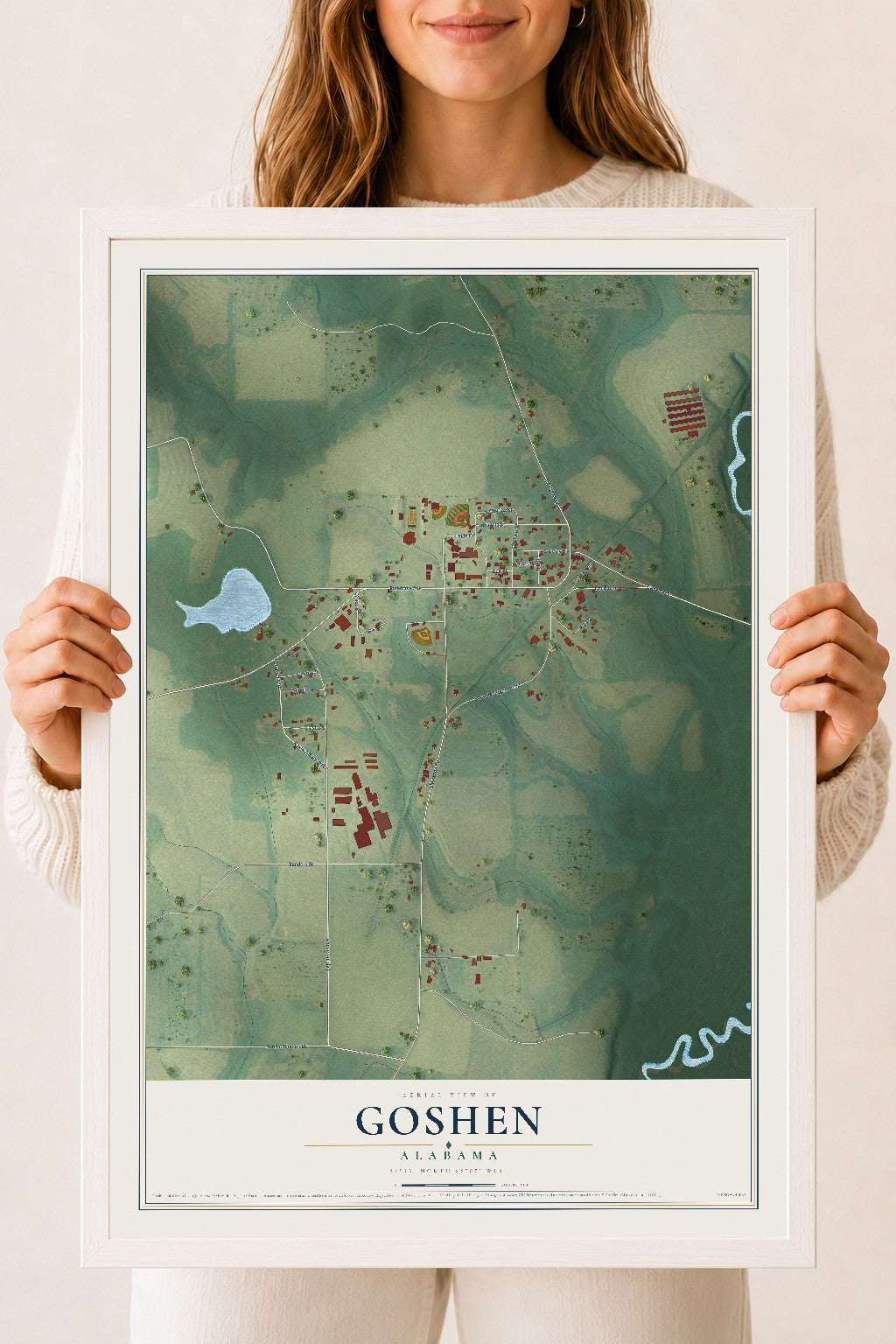 Map of Goshen, Alabama, 18 x 24 inch print in a white wood frame