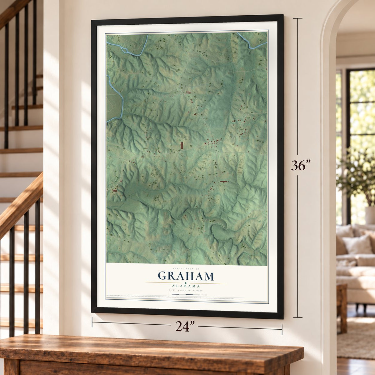 Graham, Alabama map, 24 x 36 inch print in a black frame by a staircase