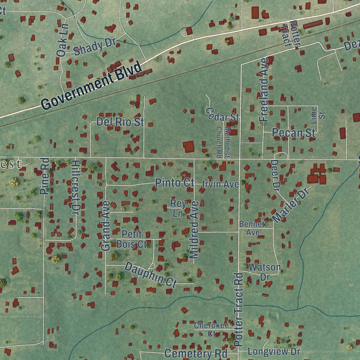 Close-up of the map of Grand Bay, Alabama print showing street and building detail