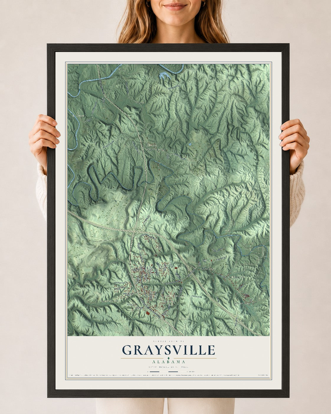 Map of Graysville, Alabama, 24 x 36 inch print in a black wood frame