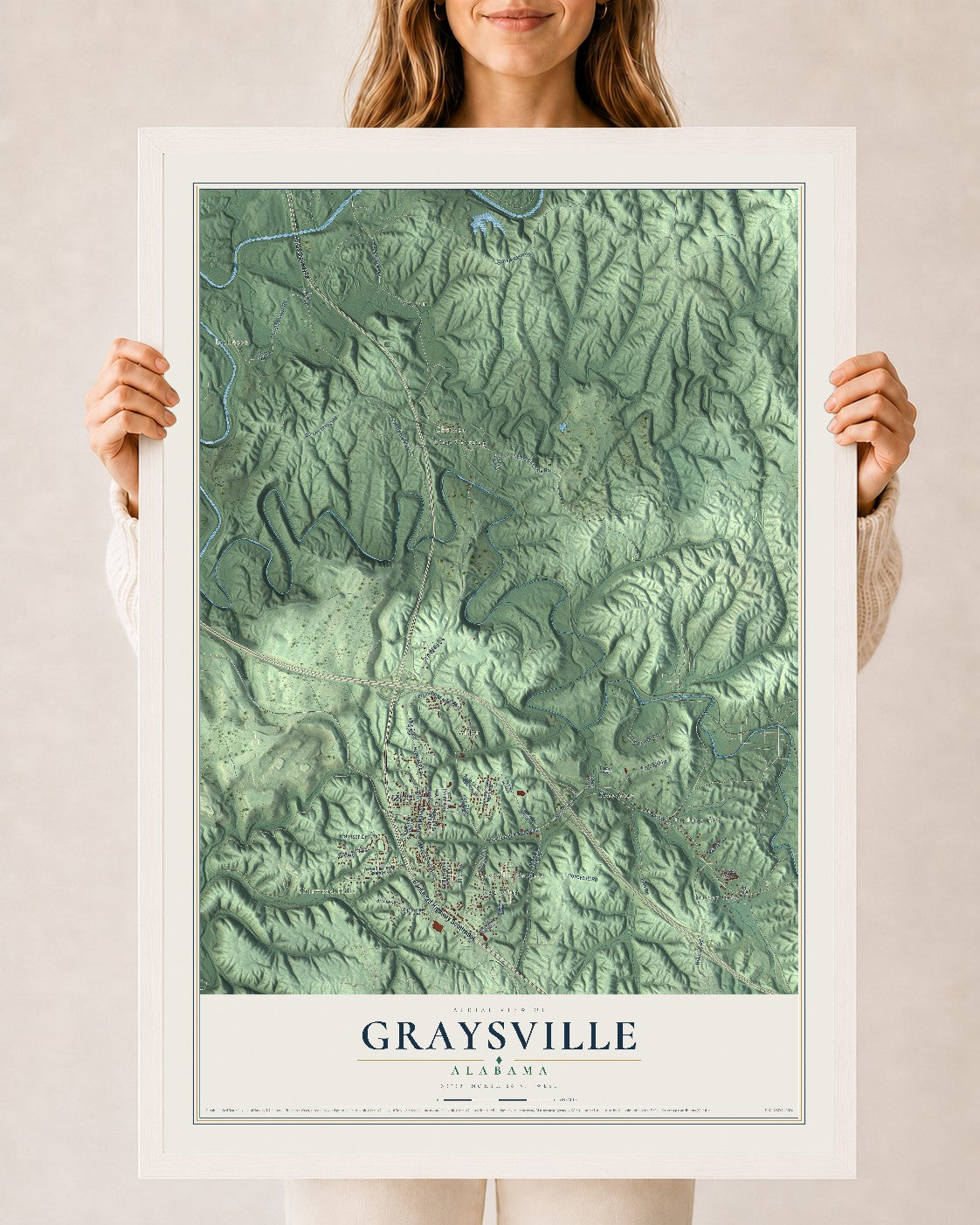 Map of Graysville, Alabama, 24 x 36 inch print in a white wood frame