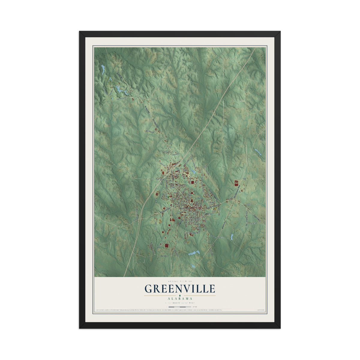 Map of Greenville, Alabama, 12 x 18 inch print in a black wood frame