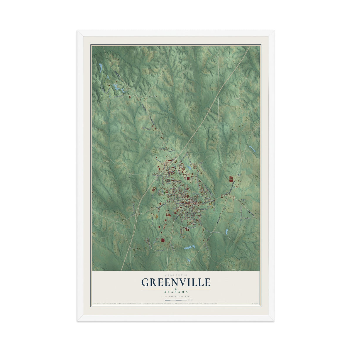 Map of Greenville, Alabama, 12 x 18 inch print in a white wood frame