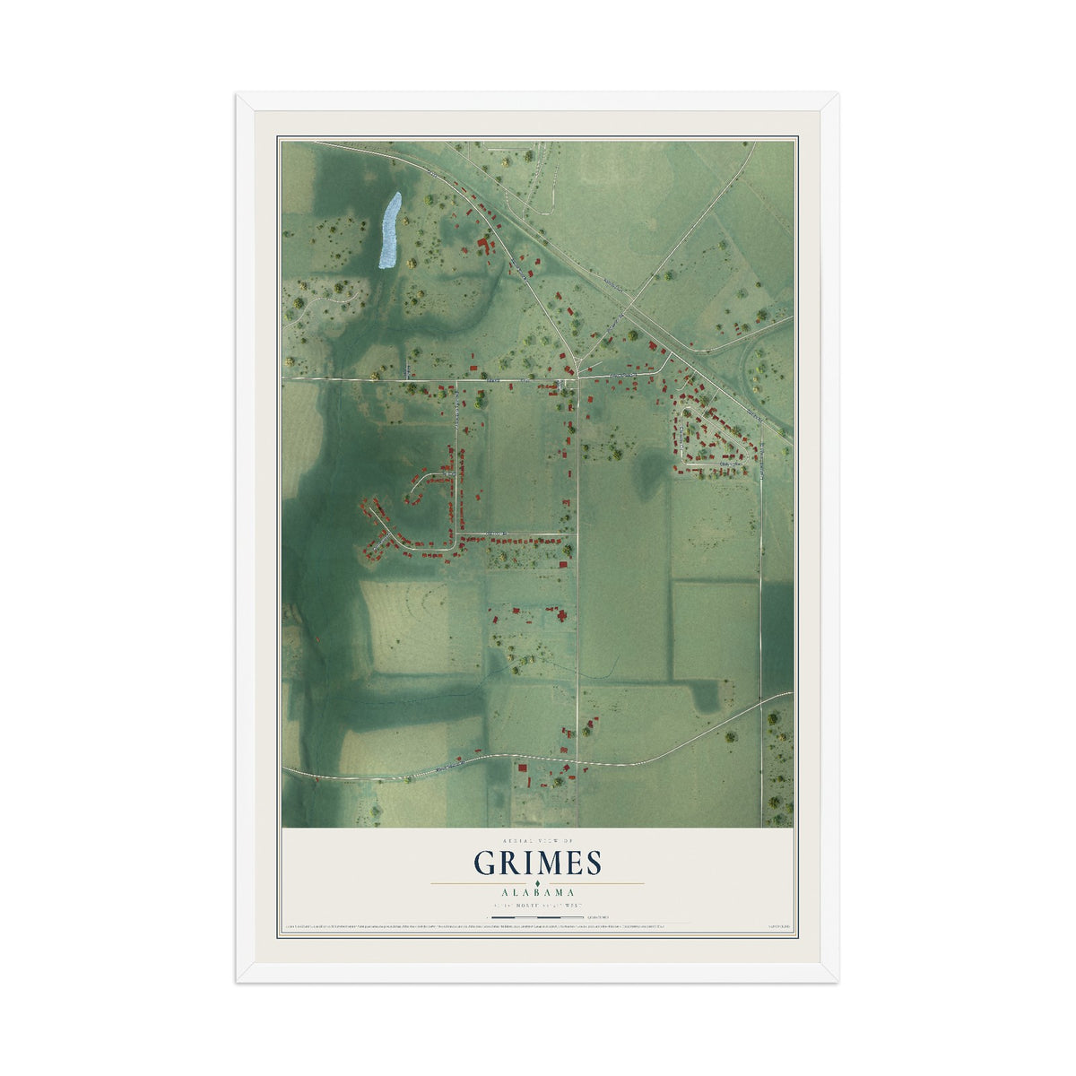 Map of Grimes, Alabama, 12 x 18 inch print in a white wood frame