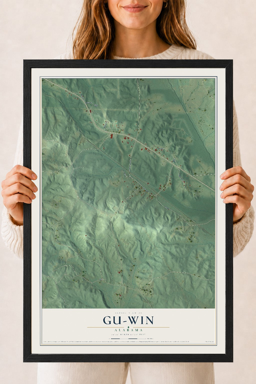 Map of Gu-Win, Alabama, 18 x 24 inch print in a black wood frame
