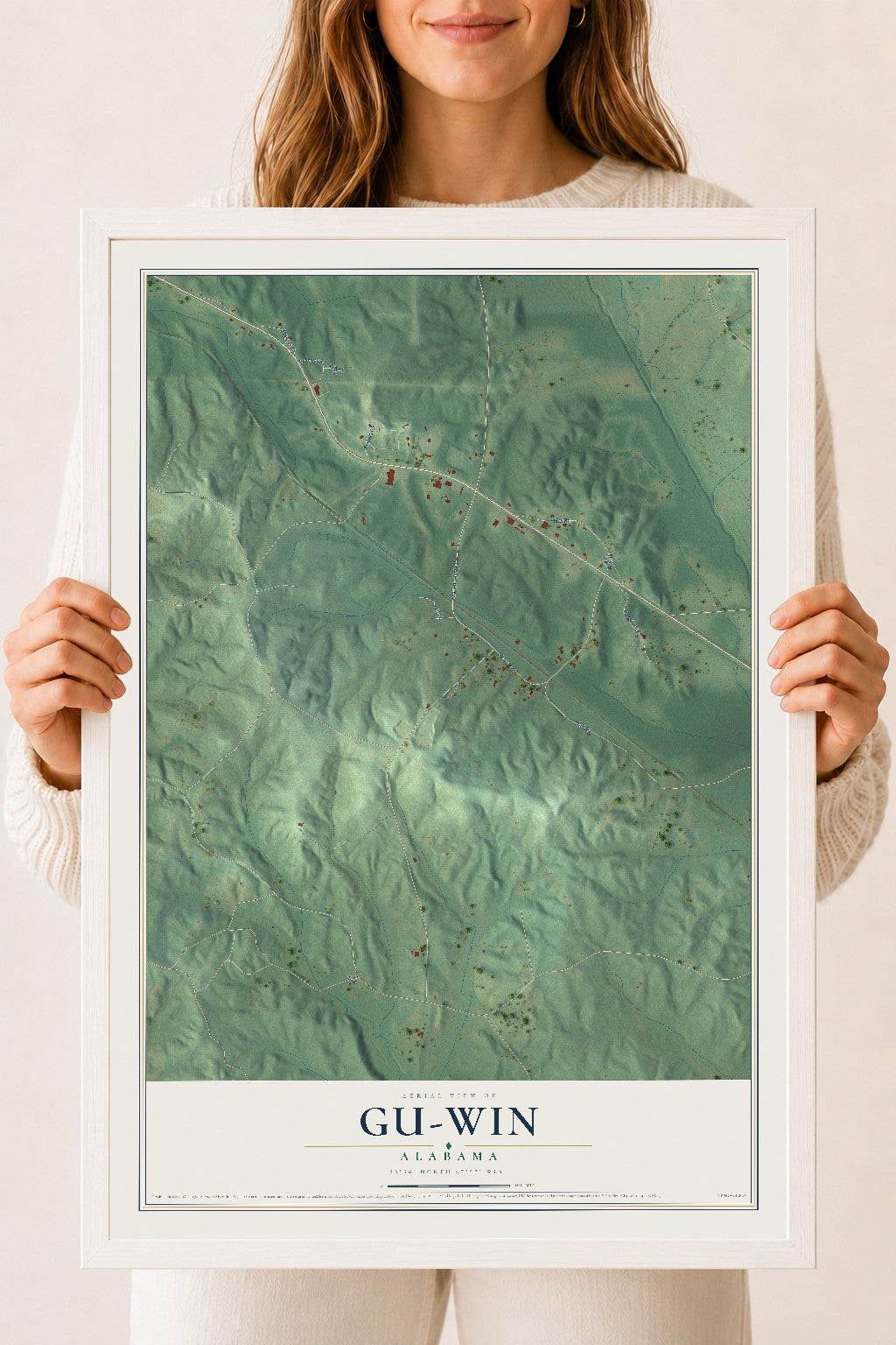 Map of Gu-Win, Alabama, 18 x 24 inch print in a white wood frame