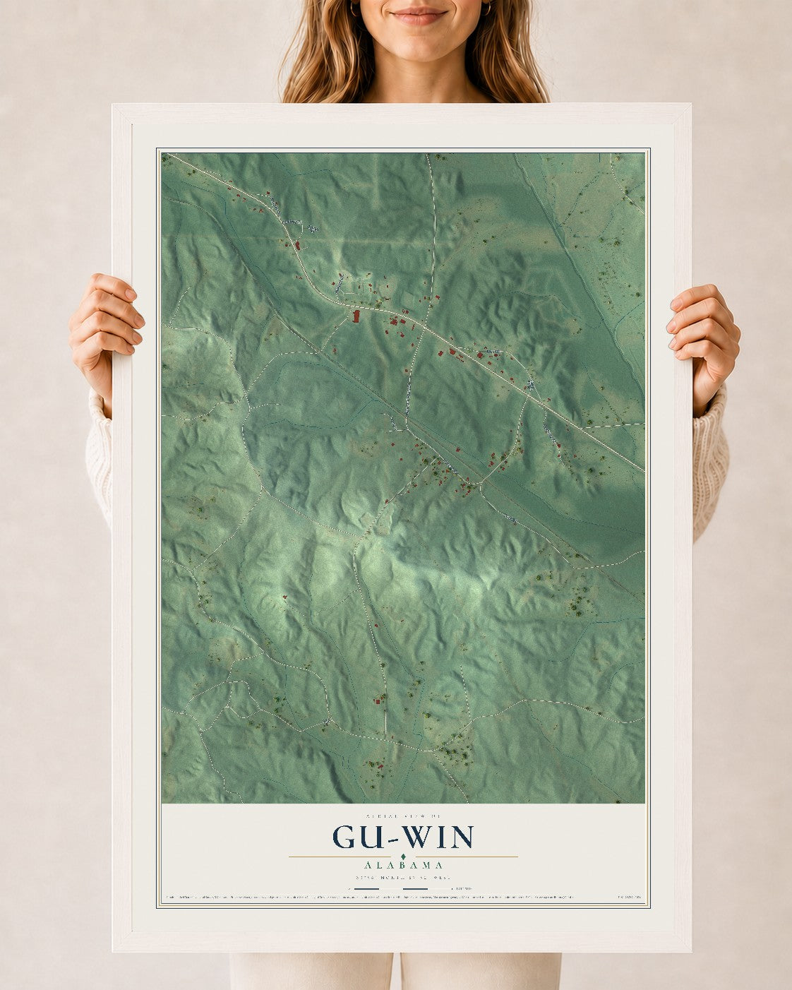 Map of Gu-Win, Alabama, 24 x 36 inch print in a white wood frame