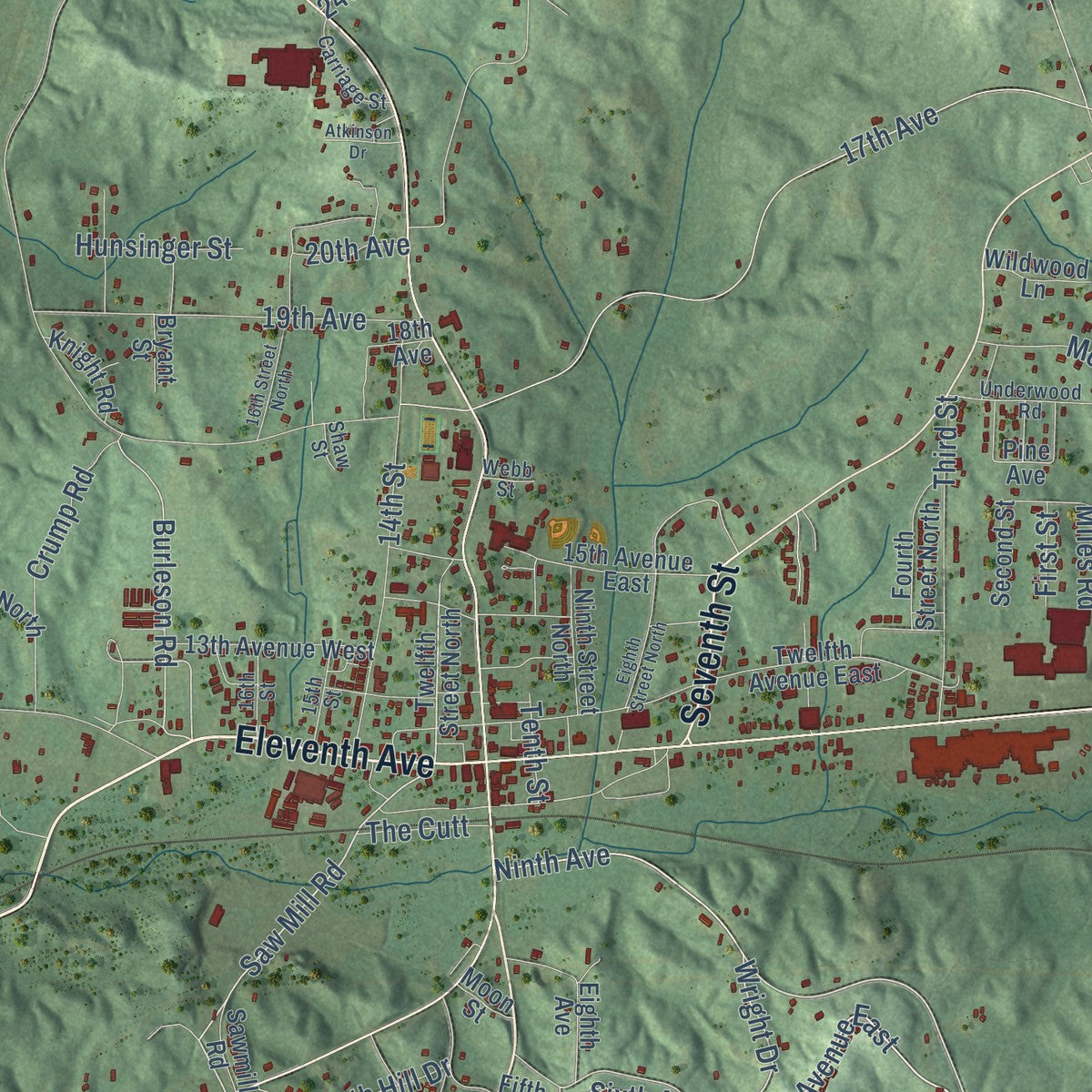 Close-up of the map of Guin, Alabama print showing street and building detail