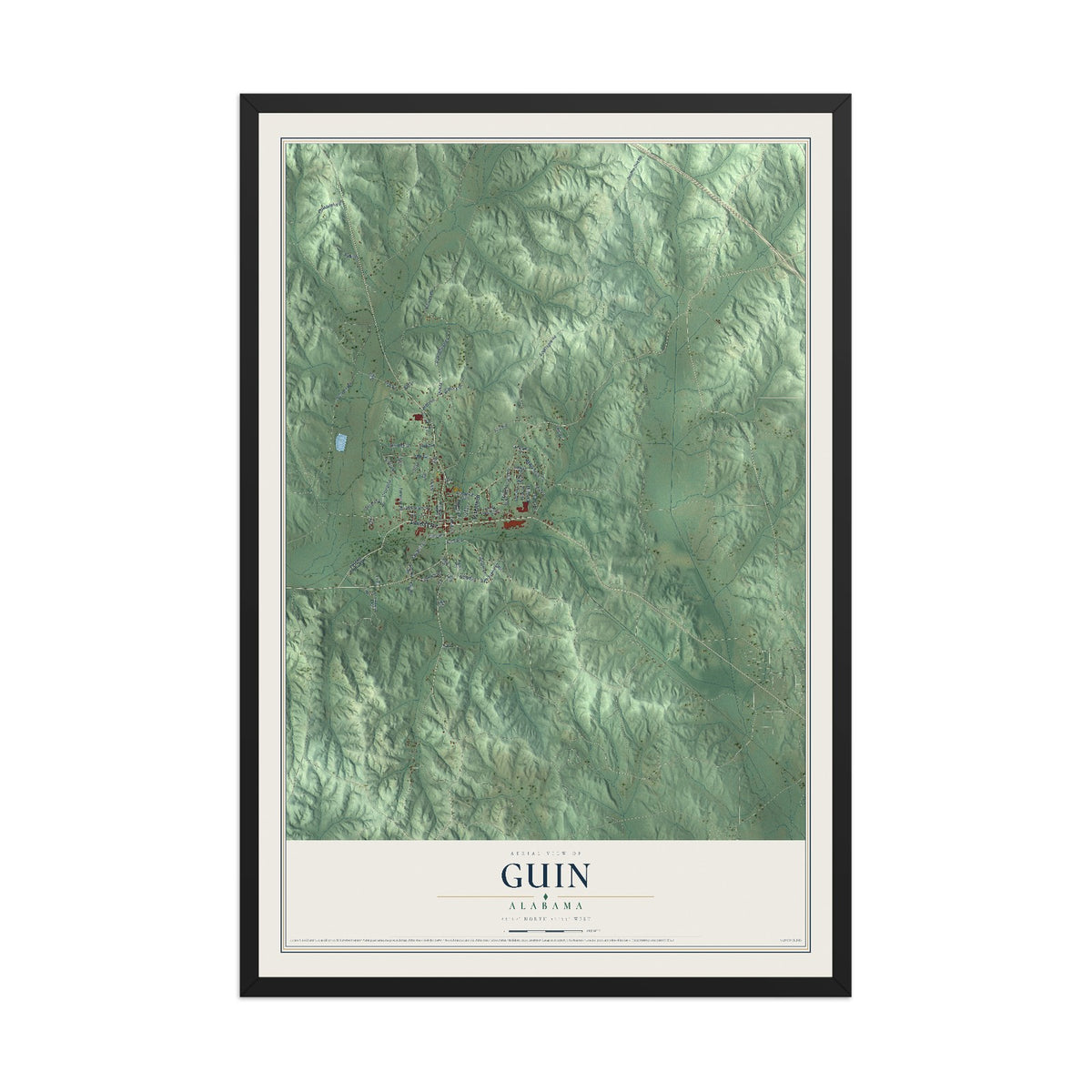 Map of Guin, Alabama, 12 x 18 inch print in a black wood frame