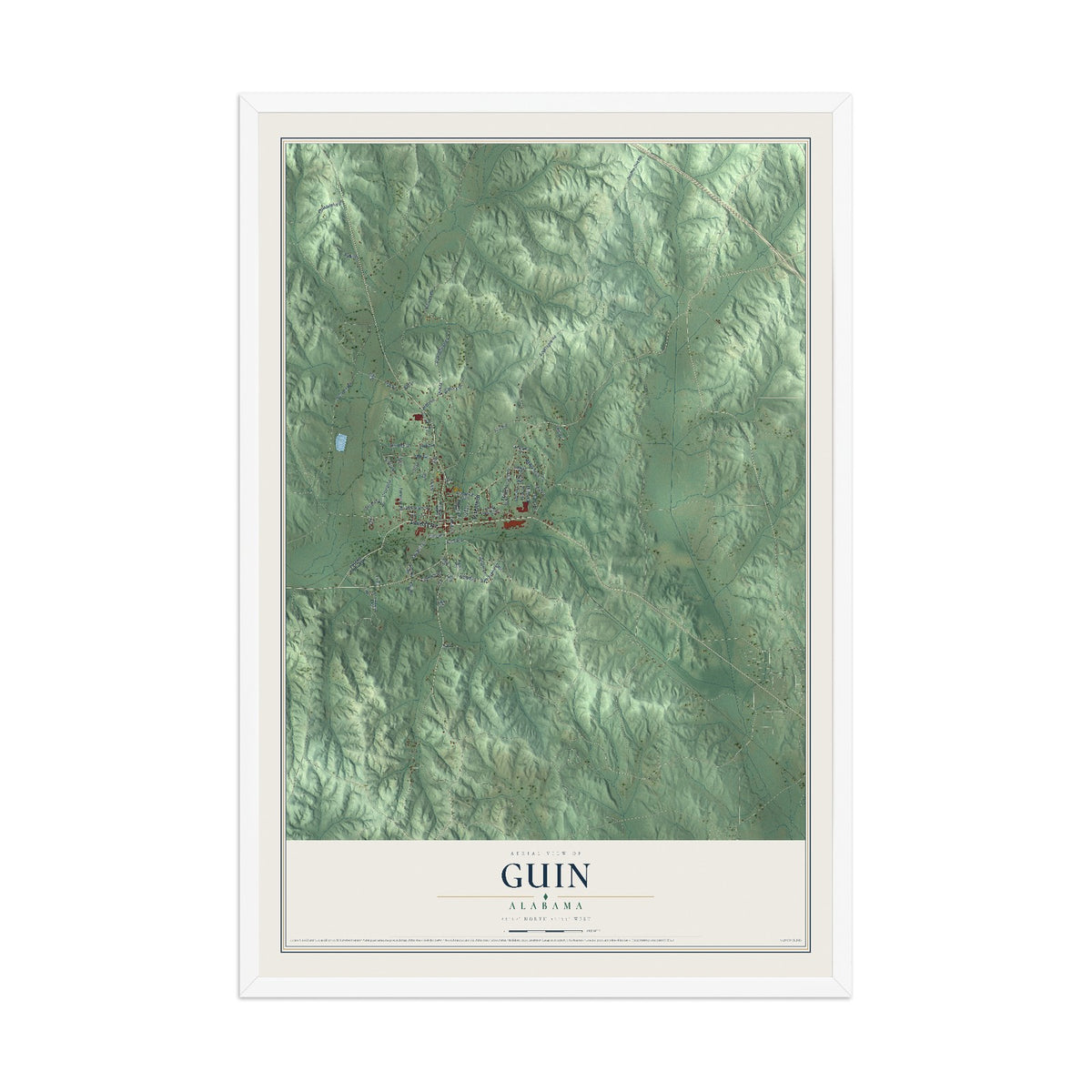 Map of Guin, Alabama, 12 x 18 inch print in a white wood frame
