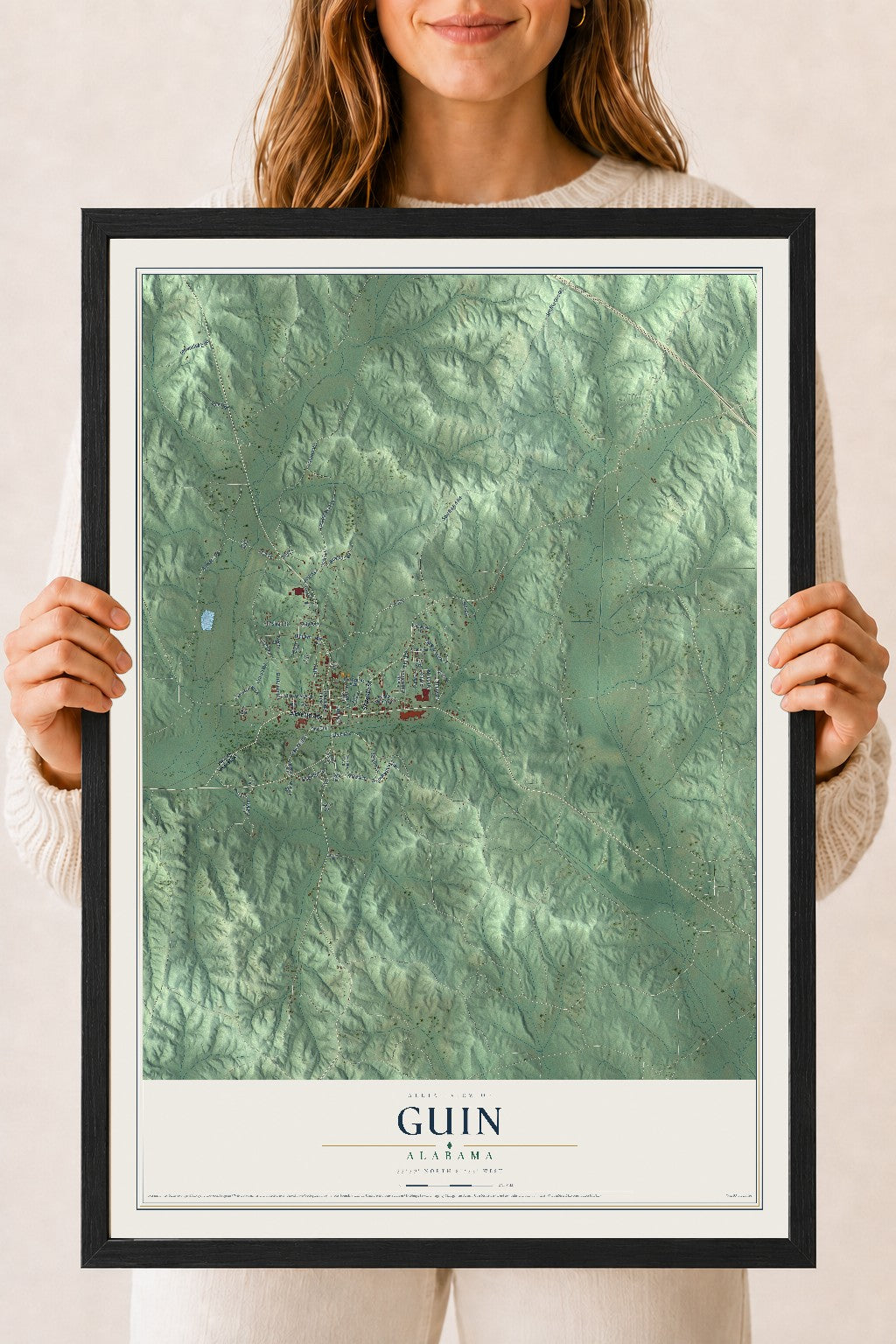 Map of Guin, Alabama, 18 x 24 inch print in a black wood frame
