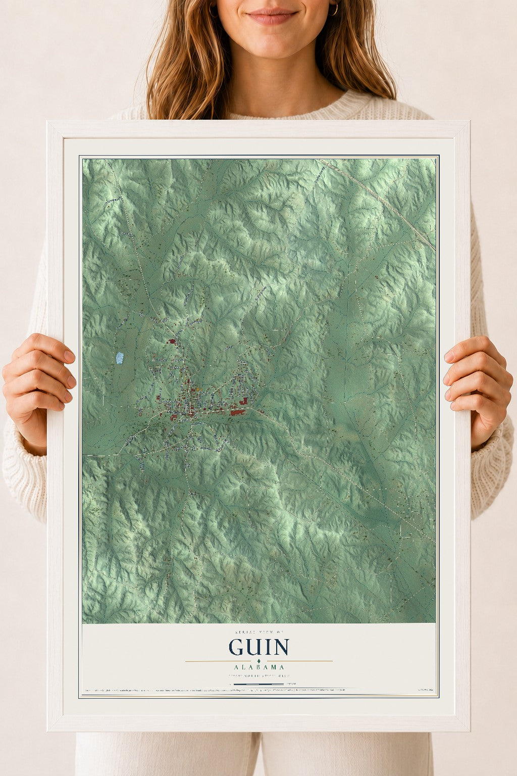 Map of Guin, Alabama, 18 x 24 inch print in a white wood frame