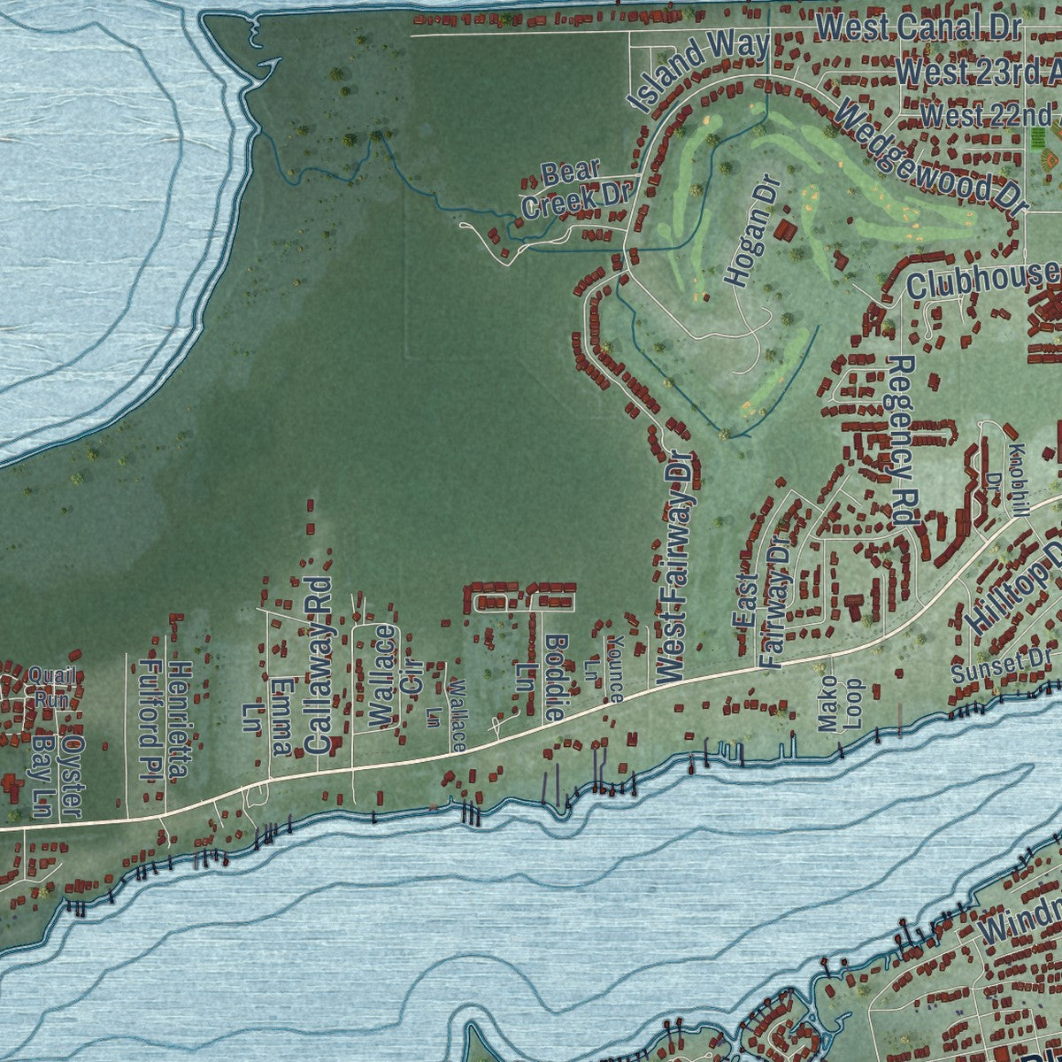 Second close-up of the map of Gulf Shores, Alabama print showing more streets and buildings
